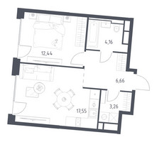 Планировка однокомнатной(квартира) площадью 44.07 квадратных метров в “ЖК Квартал на воде (Графика на воде)”