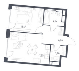 Планировка однокомнатной(квартира) площадью 44.07 квадратных метров в ЖК “ЖК Квартал на воде (Графика на воде)”