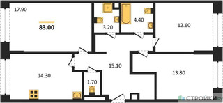 Планировка трехкомнатной(квартира) площадью 83 квадратных метров в “ЖК Sydney City (Сидней Сити)”