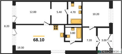 Планировка двухкомнатной(квартира) площадью 68.1 квадратных метров в ЖК “ЖК Foreville (Форевилль)”
