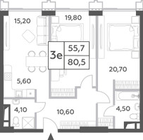 Планировка трехкомнатной(квартира) площадью 80.5 квадратных метров в “ЖК Will Towers (Вилл Тауэрс)”