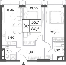 Планировка трехкомнатной(квартира) площадью 80.5 квадратных метров в ЖК “ЖК Will Towers (Вилл Тауэрс)”