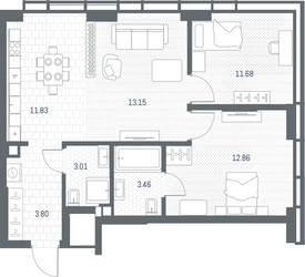 Планировка двухкомнатной(квартира) площадью 59.79 квадратных метров в ЖК “ЖК TATE (Тэйт)”