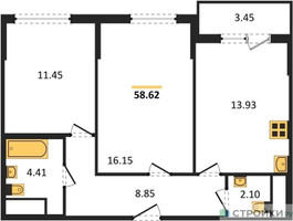 Планировка двухкомнатной(квартира) площадью 58.62 квадратных метров в “ЖК Светлый мир БиоПолис”
