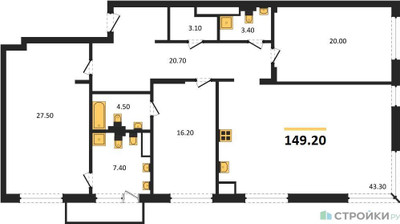 Планировка трехкомнатной(квартира) площадью 149.2 квадратных метров в ЖК “ЖК Vnukovo Country Club (Внуково Кантри Клаб)”