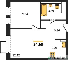 Планировка однокомнатной(квартира) площадью 34.69 квадратных метров в ЖК “Квартал Ивакино”
