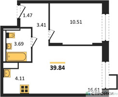 Планировка однокомнатной(квартира) площадью 39.84 квадратных метров в “ЖК Пригород Лесное”