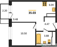 Планировка однокомнатной(квартира) площадью 35.03 квадратных метров в “ЖК Прибрежный Парк”