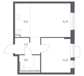 Планировка однокомнатной(квартира) площадью 43.68 квадратных метров в ЖК “ЖК Молжаниново”