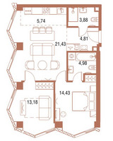 Планировка двухкомнатной(квартира) площадью 68.8 квадратных метров в “ЖК Симфония 34”