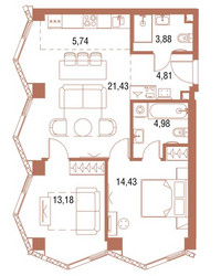 Планировка двухкомнатной(квартира) площадью 68.8 квадратных метров в ЖК “ЖК Симфония 34”