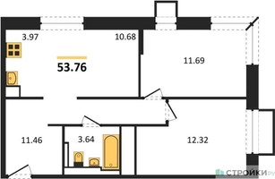 Планировка двухкомнатной(квартира) площадью 53.76 квадратных метров в “ЖК Долина Яузы”