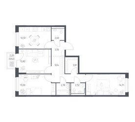 Планировка трехкомнатной(квартира) площадью 78.97 квадратных метров в ЖК “ЖК Богдановский Лес”