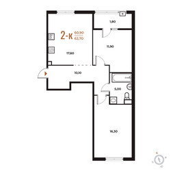 Планировка двухкомнатной(квартира) площадью 62.7 квадратных метров в ЖК “ЖК Новое Летово”