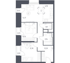 Планировка двухкомнатной(апартаменты) площадью 64.92 квадратных метров в ЖК “ЖК Скай Спутник”