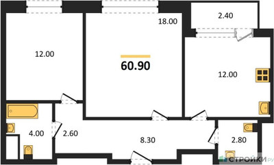 Планировка двухкомнатной(квартира) площадью 60.9 квадратных метров в ЖК “Квартал Филатов луг”