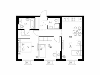 Планировка двухкомнатной(квартира) площадью 57.1 квадратных метров в ЖК “ЖК Белая Дача парк”