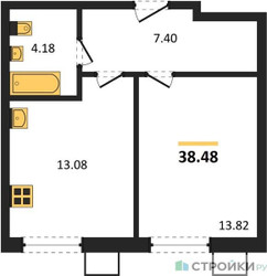 Планировка однокомнатной(квартира) площадью 38.48 квадратных метров в ЖК “ЖК Бархат”