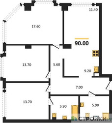 Планировка трехкомнатной(квартира) площадью 90 квадратных метров в ЖК “ЖК АУРА”