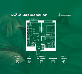 Планировка однокомнатной(квартира) площадью 36.64 квадратных метров в ЖК “Жилой квартал Лайф Варшавская”