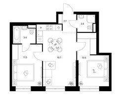 Планировка двухкомнатной(квартира) площадью 51.5 квадратных метров в “Нарвин”
