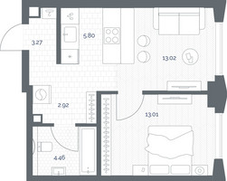 Планировка однокомнатной(квартира) площадью 42.56 квадратных метров в “ЖК TATE (Тэйт)”