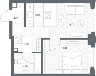 Планировка однокомнатной(квартира) площадью 42.56 квадратных метров в ЖК “ЖК TATE (Тэйт)”