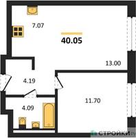 Планировка однокомнатной(квартира) площадью 40.05 квадратных метров в “ЖК Квартал Авиаторов”