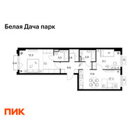 Планировка двухкомнатной(квартира) площадью 65.5 квадратных метров в “ЖК Белая Дача парк”