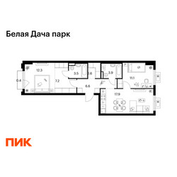Планировка двухкомнатной(квартира) площадью 65.5 квадратных метров в ЖК “ЖК Белая Дача парк”