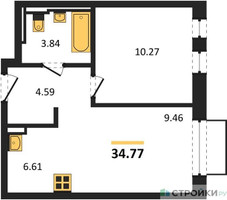 Планировка однокомнатной(квартира) площадью 34.77 квадратных метров в “ЖК Рублевский Квартал”