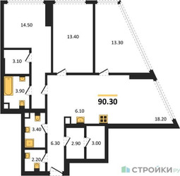 Планировка трехкомнатной(квартира) площадью 90.3 квадратных метров в ЖК “ЖК А22”