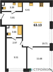 Планировка двухкомнатной(квартира) площадью 63.13 квадратных метров в ЖК “ЖК TATE (Тэйт)”
