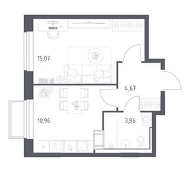 Планировка однокомнатной(квартира) площадью 34.56 квадратных метров в ЖК “ЖК Томилино Парк”