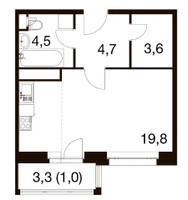 Планировка студии(квартира) площадью 33.5 квадратных метров в “ЖК Идеал”