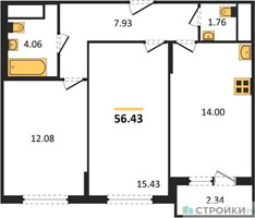 Планировка двухкомнатной(квартира) площадью 56.43 квадратных метров в “ЖК Светлый мир БиоПолис”