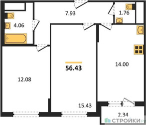 Планировка двухкомнатной(квартира) площадью 56.43 квадратных метров в ЖК “ЖК Светлый мир БиоПолис”