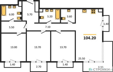 Планировка трехкомнатной(квартира) площадью 104.2 квадратных метров в ЖК “Квартал Тишинский Бульвар”