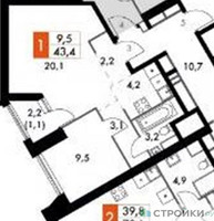 Планировка однокомнатной(квартира) площадью 43.4 квадратных метров в “ЖК Архитектор”