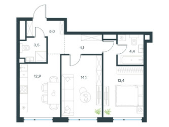 Планировка двухкомнатной(квартира) площадью 57.4 квадратных метров в ЖК “ЖК Левел Мичуринский”