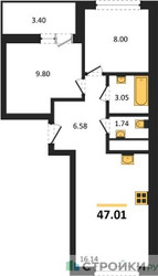Планировка двухкомнатной(квартира) площадью 47.01 квадратных метров в ЖК “ЖК ВОСТОК II”
