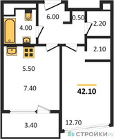 Планировка однокомнатной(квартира) площадью 42.1 квадратных метров в “ЖК ROTTERDAM (Роттердам)”