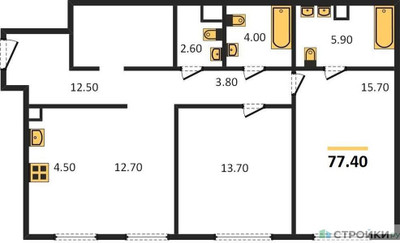 Планировка двухкомнатной(квартира) площадью 77.4 квадратных метров в ЖК “ЖК Sydney City (Сидней Сити)”