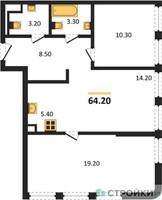 Планировка двухкомнатной(квартира) площадью 68.4 квадратных метров в “ЖК STONE Sokolniki (Сокольники)”