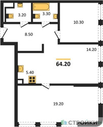 Планировка двухкомнатной(квартира) площадью 68.4 квадратных метров в ЖК “ЖК STONE Sokolniki (Сокольники)”