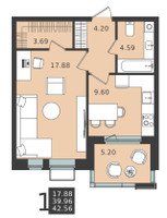 Планировка однокомнатной(квартира) площадью 42.6 квадратных метров в “ЖК Мишино-2”