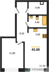 Планировка однокомнатной(квартира) площадью 45 квадратных метров в ЖК “ЖК АЛИА”