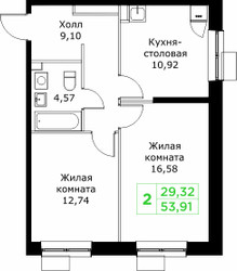 Планировка двухкомнатной(квартира) площадью 53.91 квадратных метров в ЖК “ЖК КИТ 2”