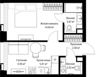 Планировка однокомнатной(квартира) площадью 35.36 квадратных метров в ЖК “ЖК Веер”