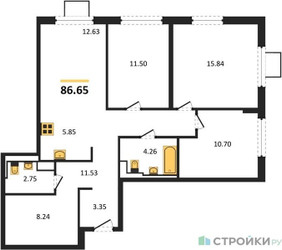 Планировка трехкомнатной(квартира) площадью 86.65 квадратных метров в “ЖК Пригород Лесное”